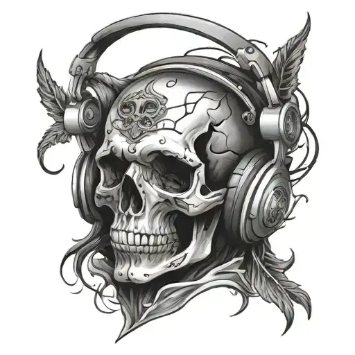 An edgy tattoo featuring a skull with headphones, representing the fusion of music and death tattoo design idea