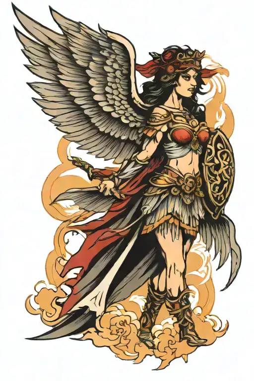 valkyrie warrior woman sunset smoke tattoo design idea