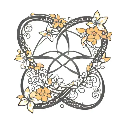 simple infinity symbol surrounded by black stars and orange plumerias tattoo design idea