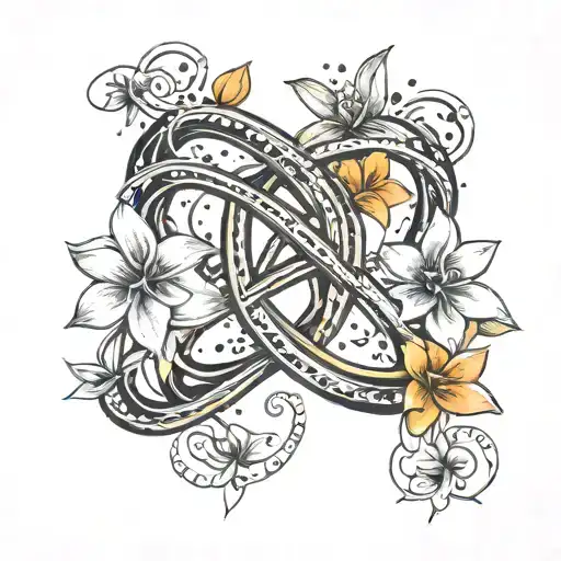 simple infinity symbol surrounded by black stars and orange plumerias tattoo design idea