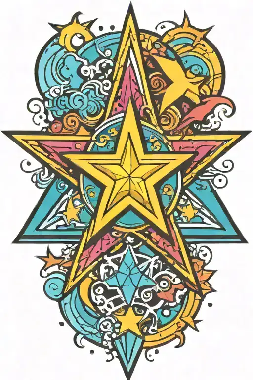colorful 5 point star sign tattoo design idea