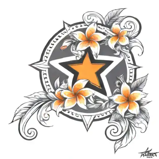 black hollow star surrounded by orange plumeria flowers tattoo design idea
