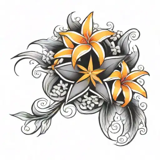 black hollow star surrounded by orange plumeria flowers tattoo design idea