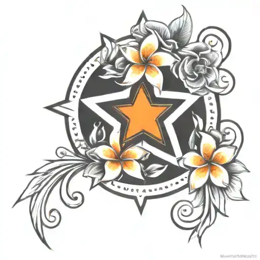 black hollow star surrounded by orange plumeria flowers tattoo design idea