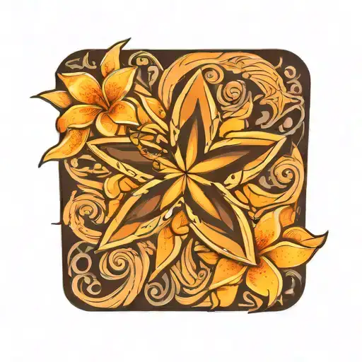 black open star with orange plumeria lei wrapped around the star  tattoo design idea