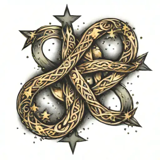 infinity symbol intertwined with stars scattered tattoo design idea
