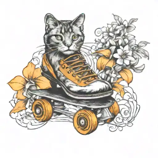 A roller skate with a cat riding it, leaving a trail of orange plumerias behind tattoo design idea