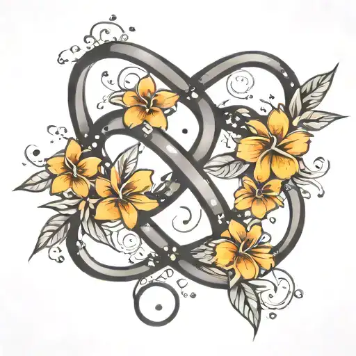 simple infinity symbol surrounded by black stars and orange plumerias tattoo design idea
