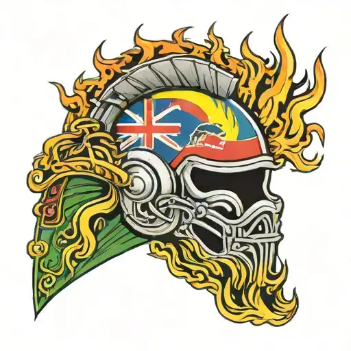 Hawaiian flag and ikaika helmet engulfed in flames tattoo design idea