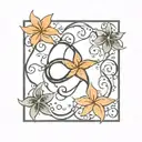 simple infinity symbol surrounded by black stars and orange plumerias tattoo design idea