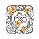 simple infinity symbol surrounded by black stars and orange plumerias tattoo design idea