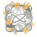 simple infinity symbol surrounded by black stars and orange plumerias tattoo design idea