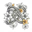 simple infinity symbol surrounded by black stars and orange plumerias tattoo design idea