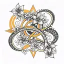 simple infinity symbol surrounded by black stars and orange plumerias tattoo design idea