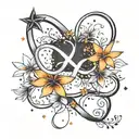 simple infinity symbol surrounded by black stars and orange plumerias tattoo design idea