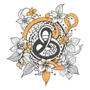 simple infinity symbol surrounded by black stars and orange plumerias tattoo design idea