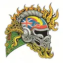 Hawaiian flag and ikaika helmet engulfed in flames tattoo design idea