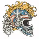 Hawaiian flag and ikaika helmet engulfed in flames tattoo design idea