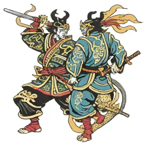 Samurai fighting with oriental dragon with kabuki mask tattoo design idea