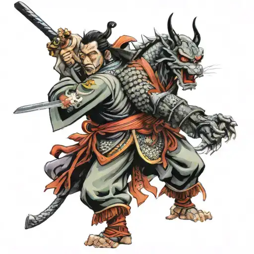 Samurai fighting with oriental dragon with kabuki mask tattoo design idea