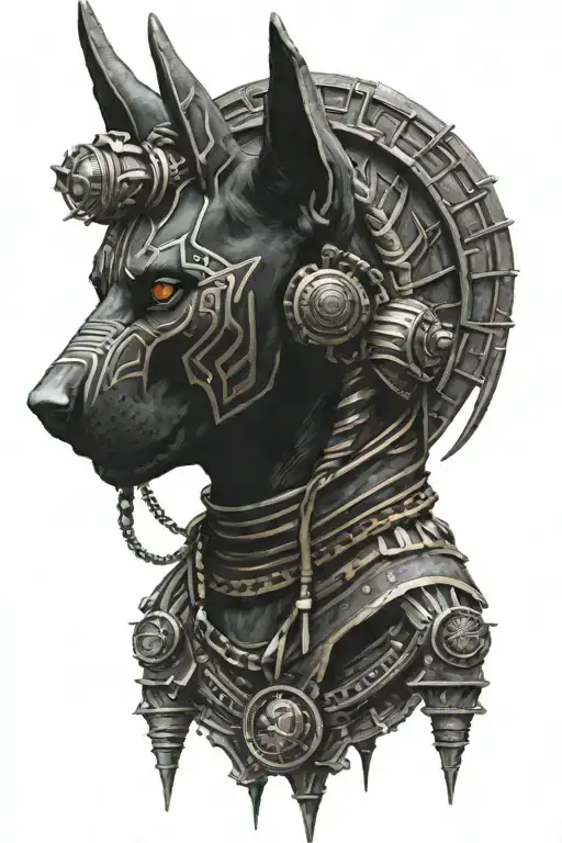 anubis pov from left side,with full gear and very black anything tattoo design idea