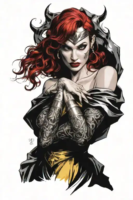 Lilith of hell, gal gadot face, seductive black dominant red hair, yellow eyes, luxurious noble robes with black gothic  tattoo design idea