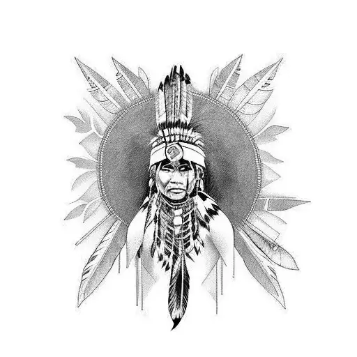 native indian woman looking up with wild animals around tattoo design idea