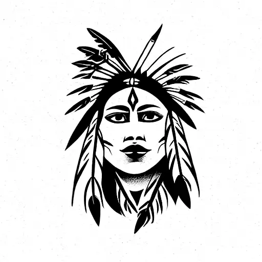 native indian woman looking up with wild animals around tattoo design idea