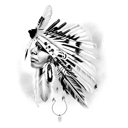 native indian woman looking up with wild animals around tattoo design idea