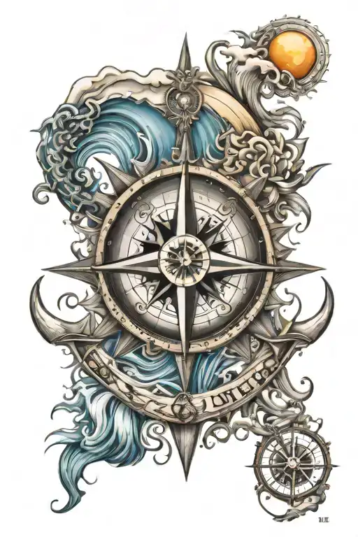 compass rose surrounded by waves, ship, moon, sun, and anchor tattoo design idea
