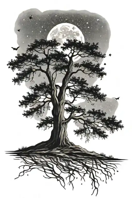 cypress tree silhouette moon surrounded by stars scattered tattoo design idea