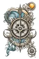 compass rose surrounded by waves, ship, moon, sun, and anchor tattoo design idea