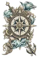 compass rose surrounded by waves, ship, moon, sun, and anchor tattoo design idea