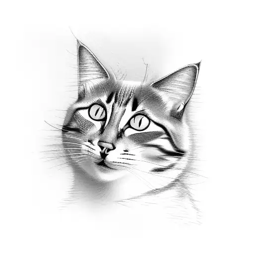 Draw a picture with two cats: one is a plump, affectionate gray tabby cat, lying on her back on the floor with her paws  tattoo design idea