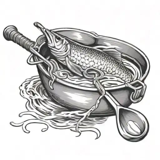 gold pan with shovel, and a fishing hook tattoo design idea