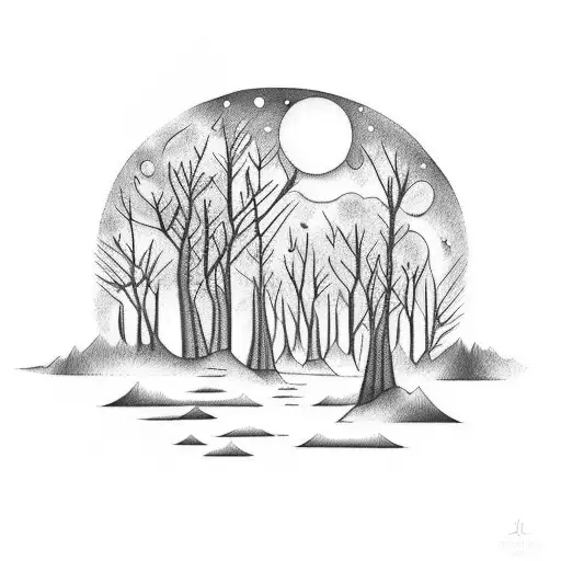 A dumbbell and a barbell crossed over a moonlit forest tattoo design idea