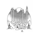 A dumbbell and a barbell crossed over a moonlit forest tattoo design idea