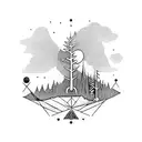 A dumbbell and a barbell crossed over a moonlit forest tattoo design idea