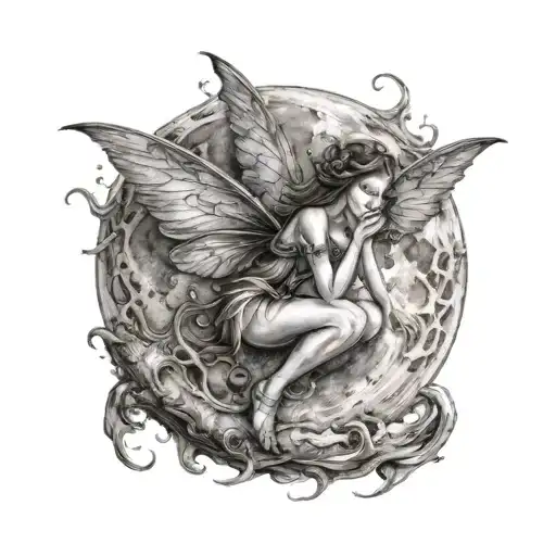 Fairy sitting on moon tattoo design idea