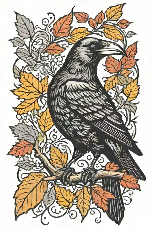 crow holding branch in mouth surrounded by autumn leaves. include orange, black, red, and yellow colors. tattoo design idea