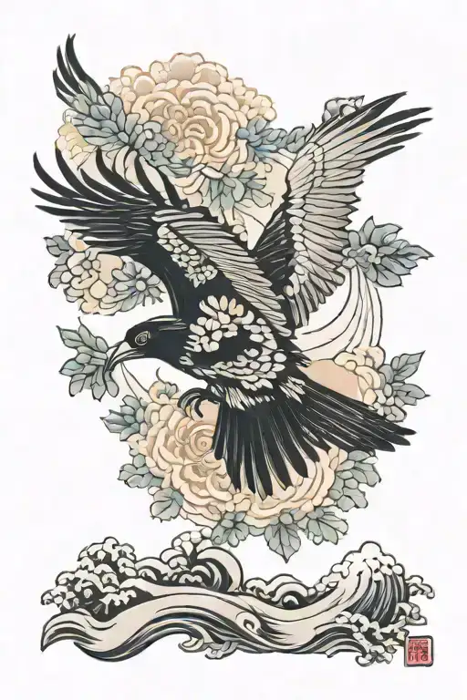 Japanese crow flying down arm tattoo design idea