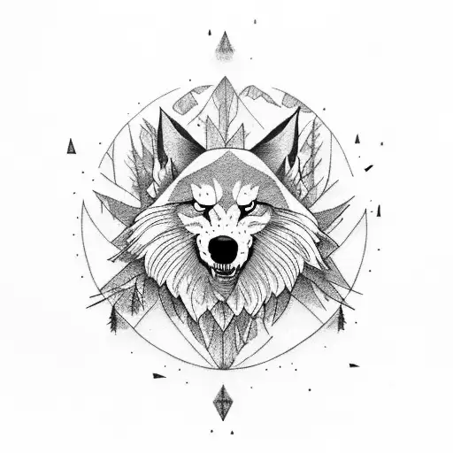 lobo con un bosque detras aullando a la luna tattoo design idea