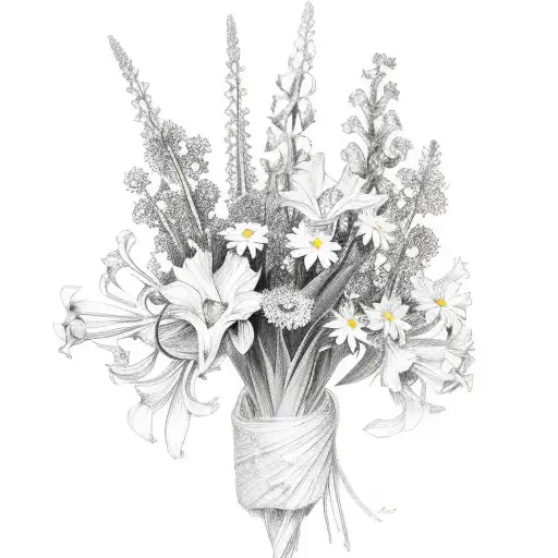 bouquet, one gladiolus, one Daisy, two delphinium, one Lilly of the valley tattoo design idea