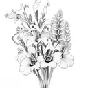 bouquet, one gladiolus, one Daisy, two delphinium, one Lilly of the valley tattoo design idea