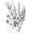 bouquet, one gladiolus, one Daisy, two delphinium, one Lilly of the valley tattoo design idea
