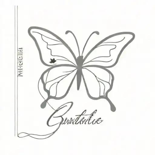 single line butterfly with name written tattoo design idea
