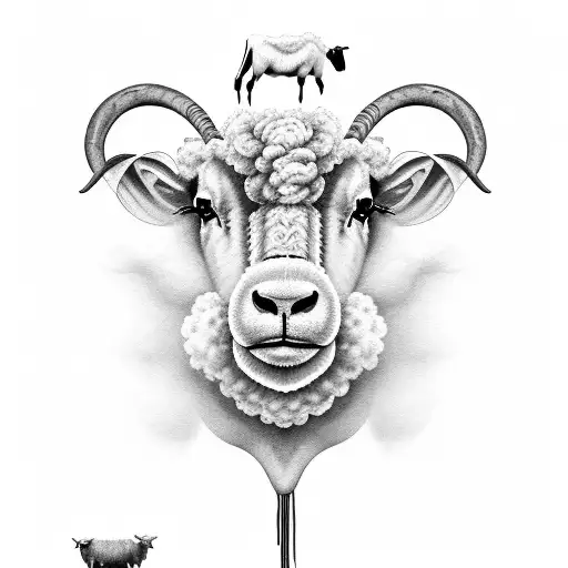 A surreal scene of sheep, cows, and goats morphing into each other, symbolizing unity and diversity tattoo design idea