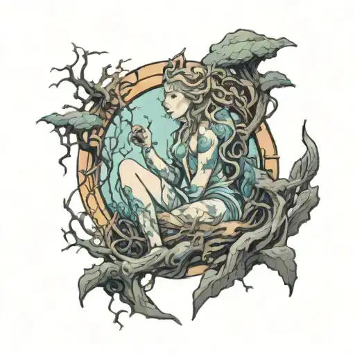A sea goddess surrounded by ancient city ruins and tree branches tattoo design idea