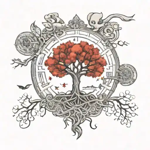 A tree of life with mythological symbols and ancient city landmarks intertwined in the roots tattoo design idea
