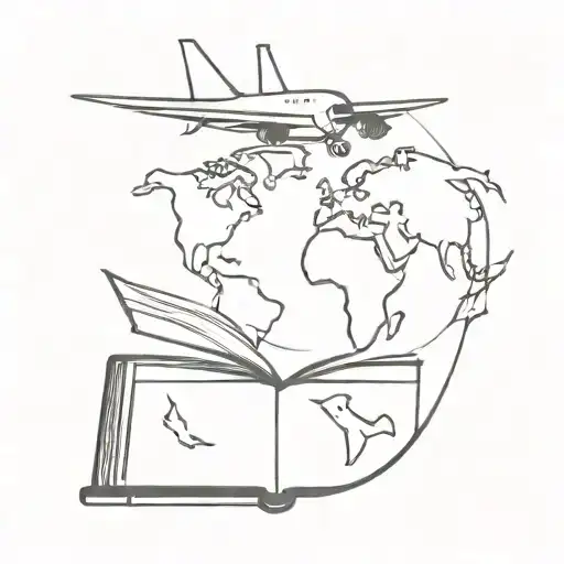 A tattoo design of a plane flying over a globe, with a trail of books and cats following behind tattoo design idea
